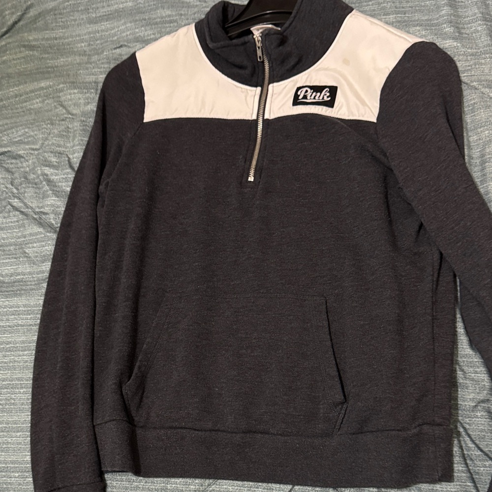PINK Victoria's Secret Men's Charcoal and White Zip-Up Sweater
